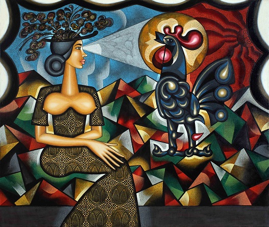 Para un gallo pisador, una mujer elegante - Painting by Carlos Luna, Cuban Artist